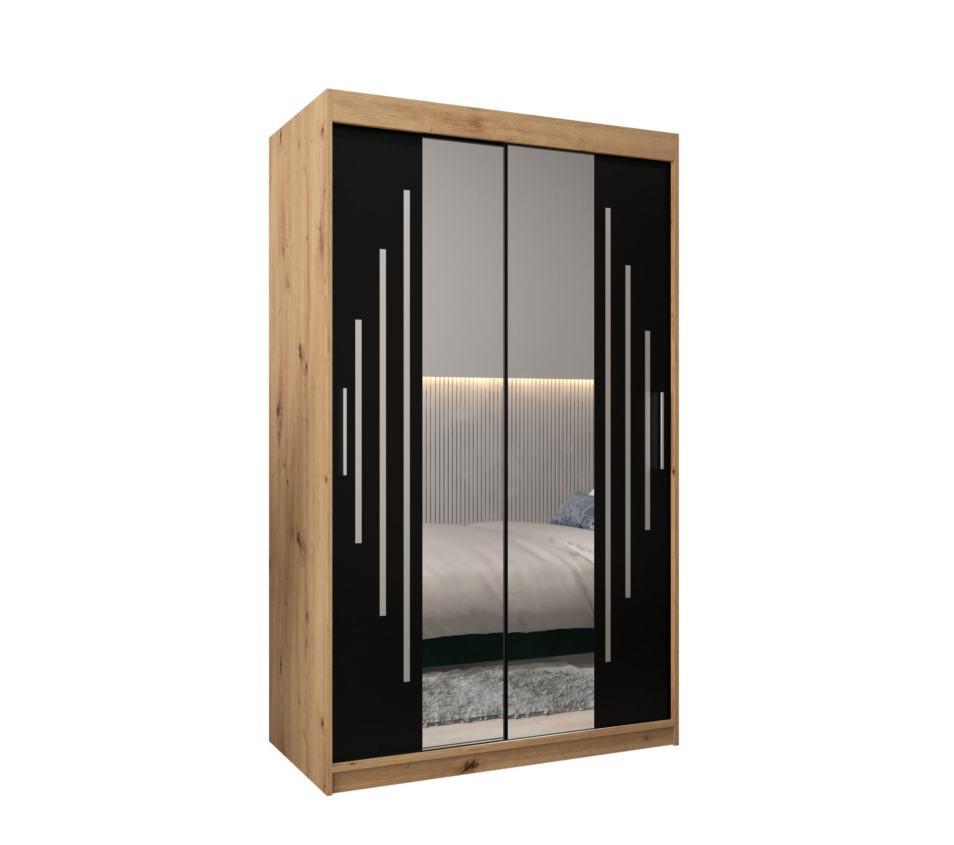 Abiks Möbel Schwebetürenschrank Eiche Artisan, Schwarz 120x200x62 cm