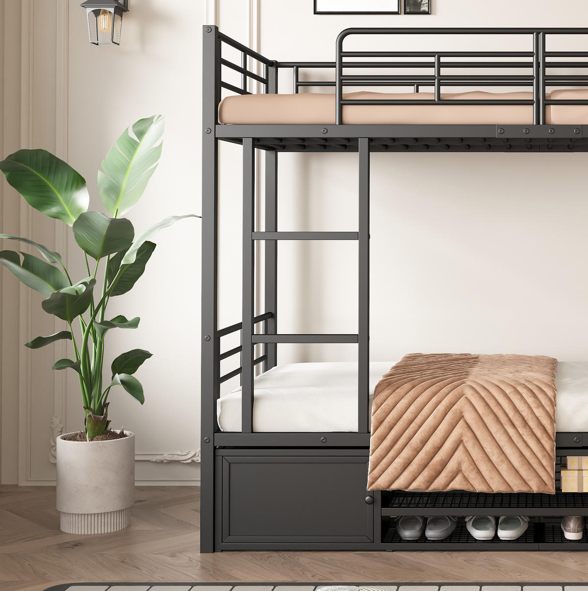 ETAGENBETT 90/200 cm aus Metall mit Schuhablage und 2 Türen in Schwarz - Schwarz, Metall (90/200cm) - BEAOK