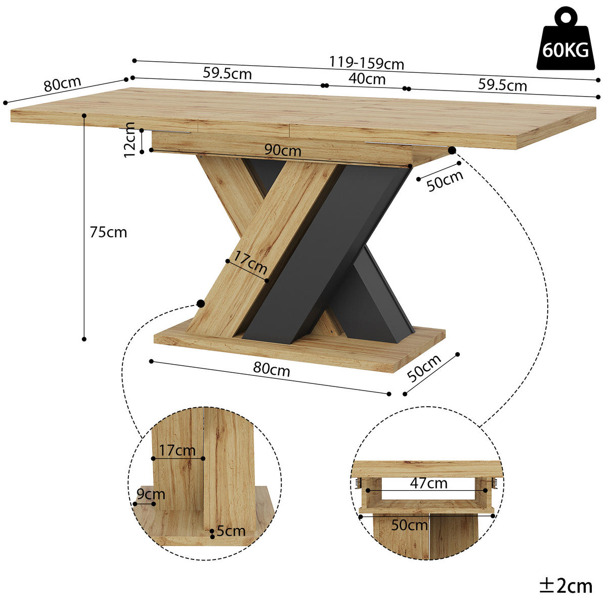 ESSTISCH ausziehbarer (119-158,5 cm) in Holzoptik & Schwarz - Eichefarben, Holzwerkstoff (80/159/75cm) - Urban Meuble