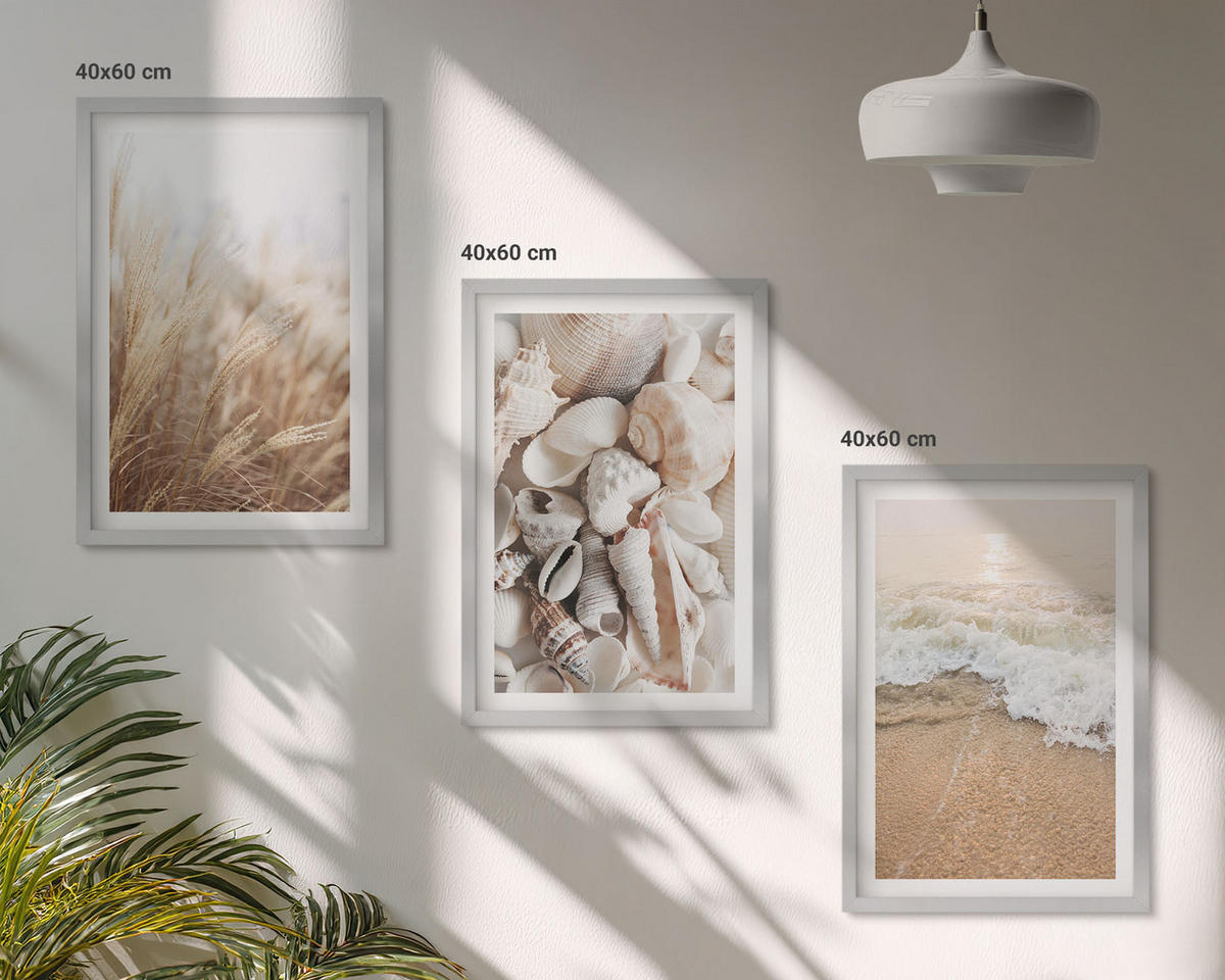 WANDBILDER 3er Set - 40x60 cm Silberner Rahmen - Strandmotive, Muscheln, Wellen - Silberfarben, Kunststoff (40/60cm) - ArtPrintCave