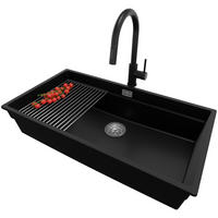 GRANITSPÜLE Praga Slim, 2-er set Schwarz 86/47 cm 1 Becken + Küchenarmatur 40/20 cm + Ablauf-Set + Aufrollbare Abtropffläche ab 90er Unterschrank - Chromfarben/Schwarz, Kunststoff (86/20/47cm) - Primagran