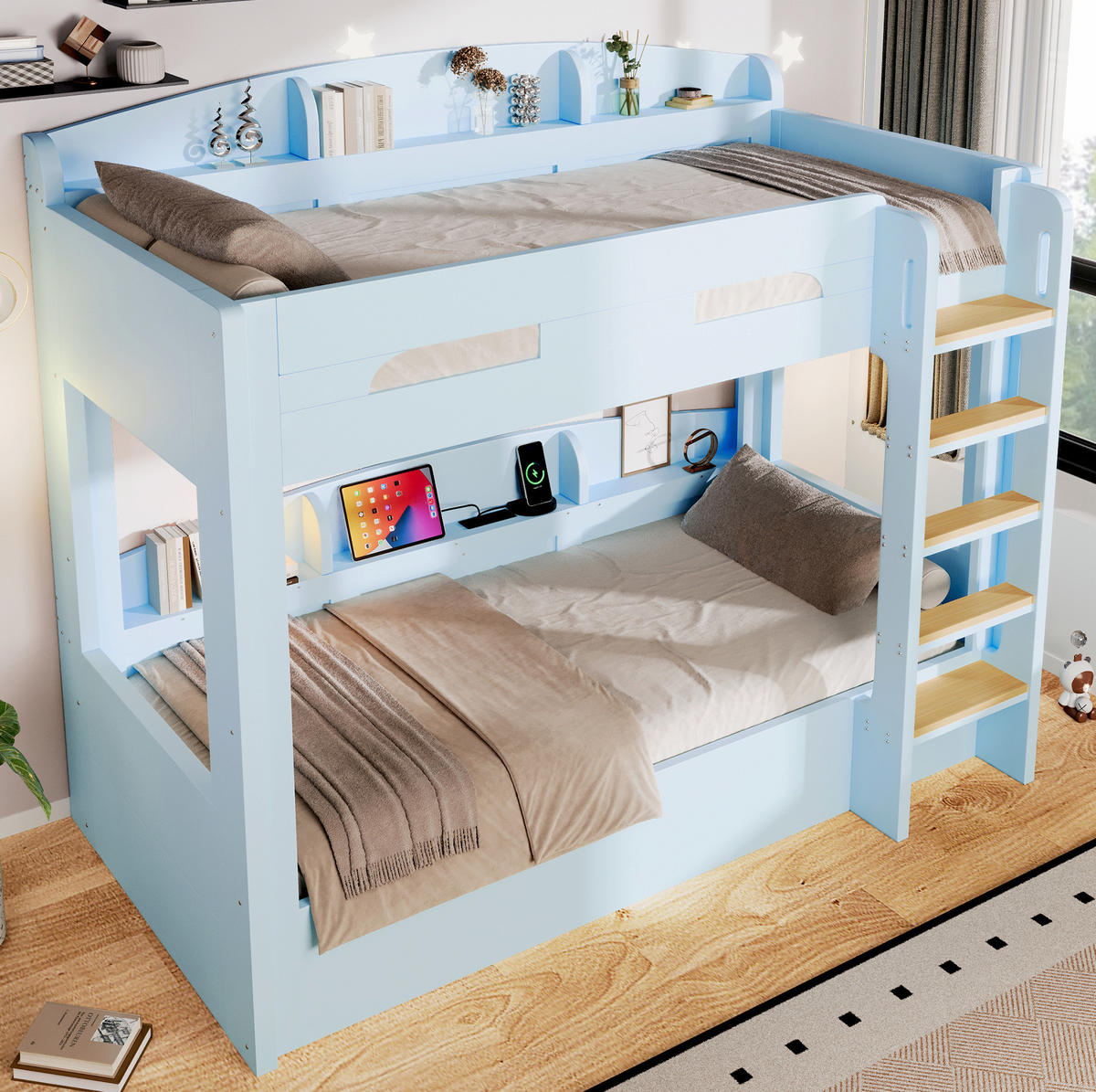 ETAGENBETT 90/200 cm in Hellblau mit USB-Steckdose und Ablagefächern - Blau, Holz (90/200cm) - Flora Grace
