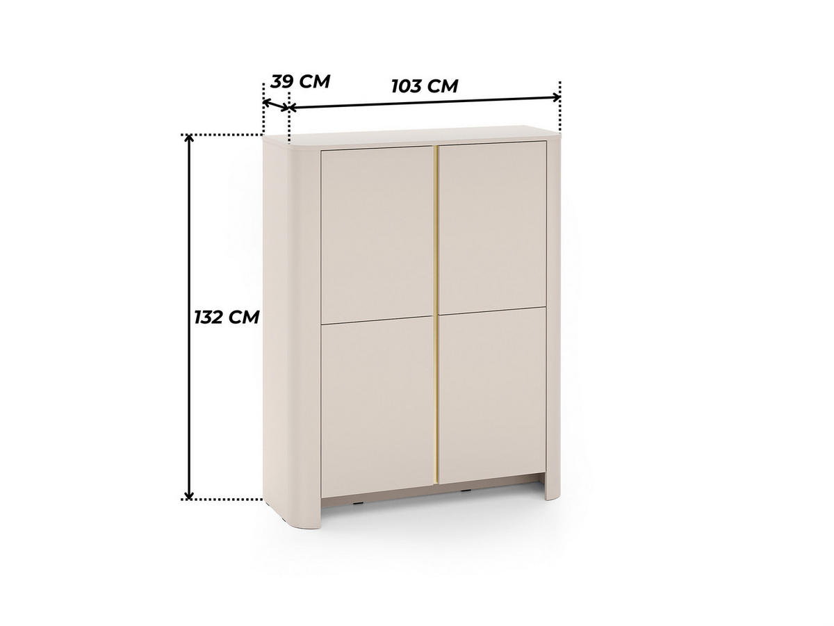 ABGERUNDETE Hochkommode AURA KW4D (Kaschmir Matt, Gold, Push to Open) - Kaschmir, Holz/Holzwerkstoff (103/132/39cm) - Ravio