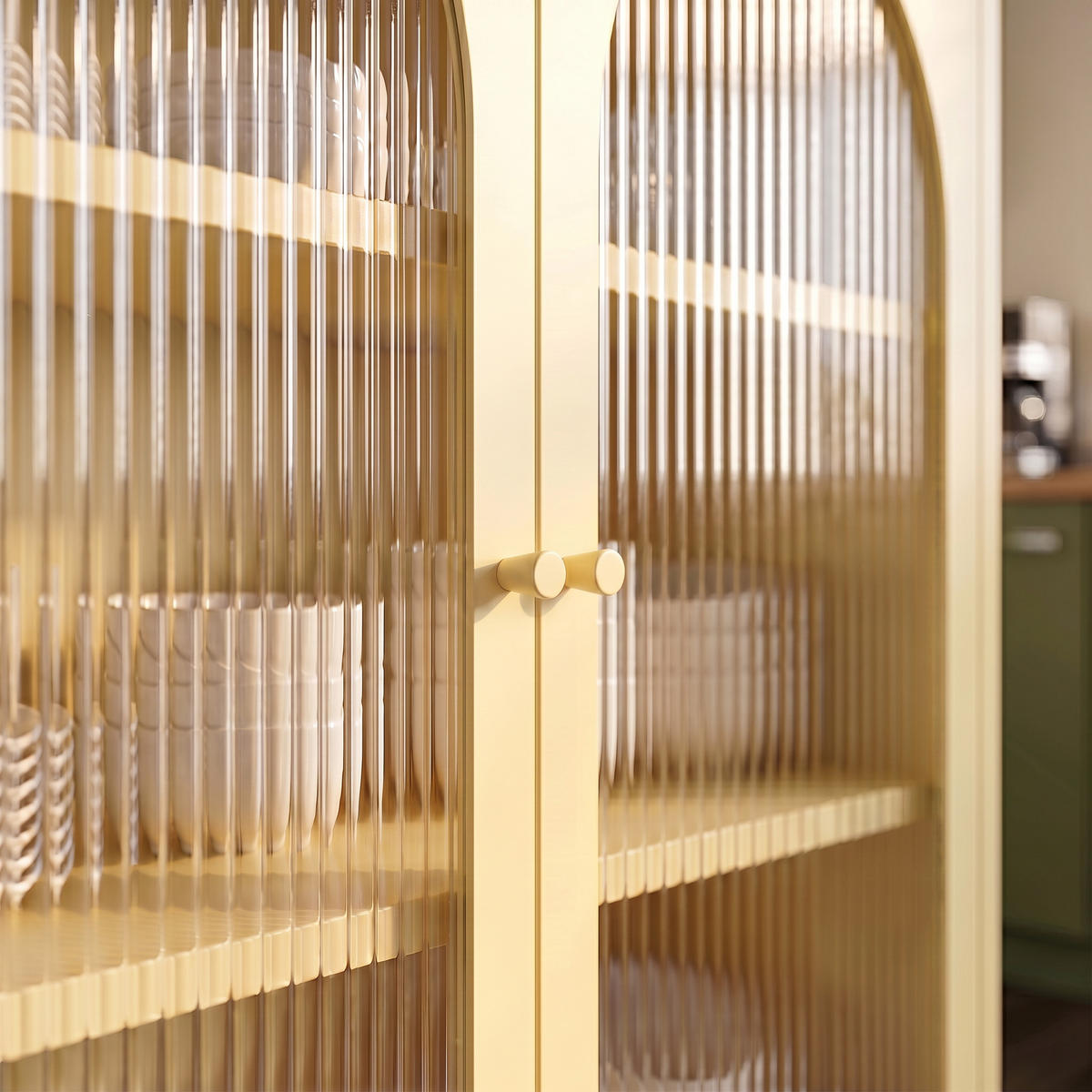 SIDEBOARD KURT aus Metall im Industriestil mit 2 Türen, Pastellgelb und geriffeltem Glas, 80 cm - Hellgelb, Metall (80/90/35cm) - Sicaan