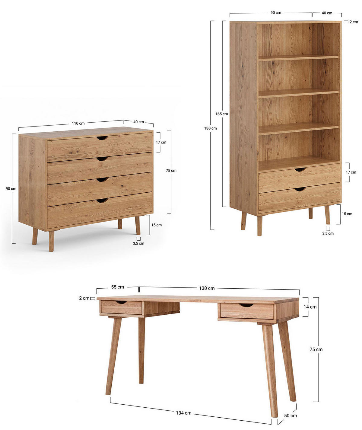 ARBEITSZIMMER-SET 3-tlg Simona Eiche Natur 338 / 55 / 180cm - Eichefarben, Holz (338/180/55cm) - Feldmann-Wohnen
