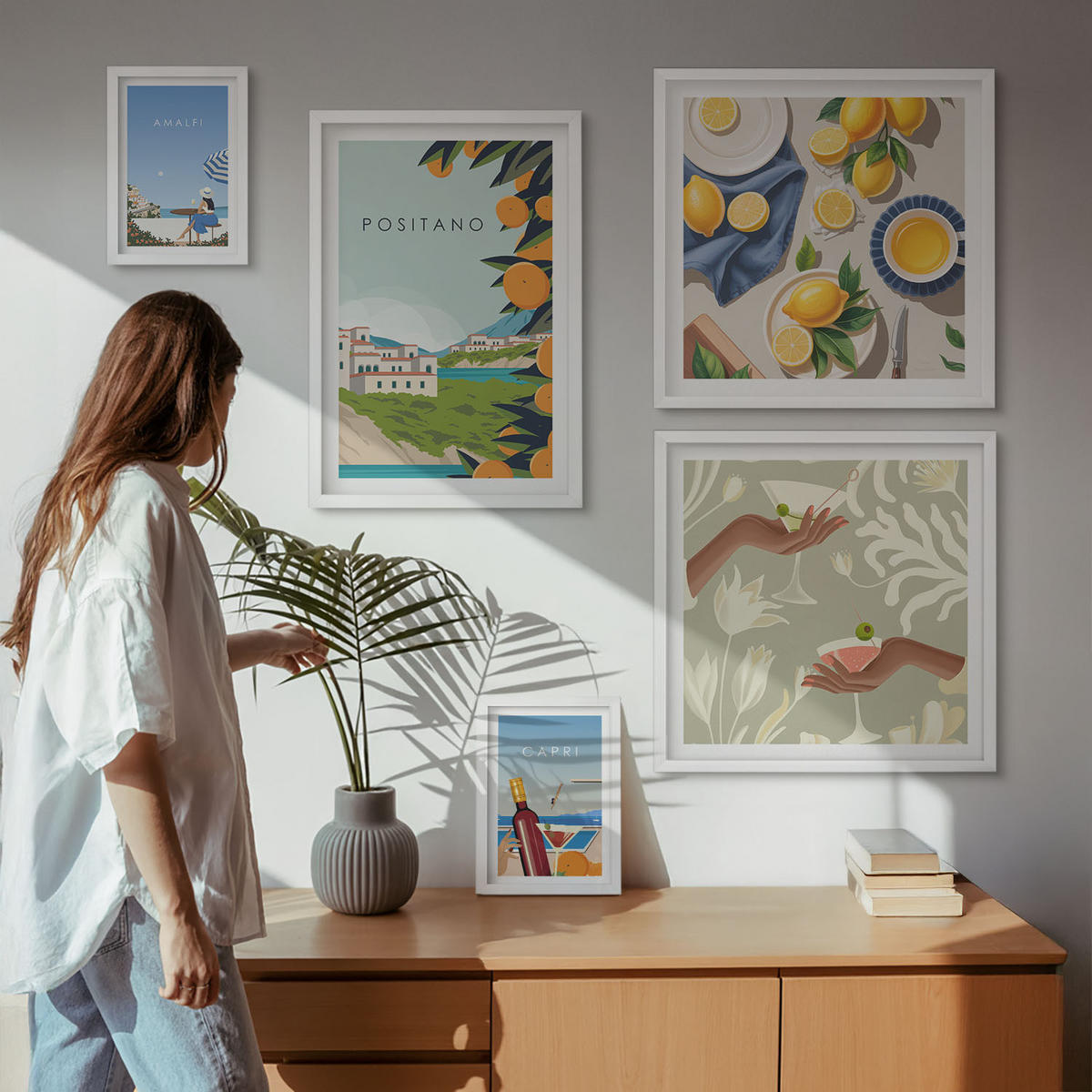 BILDER SET 5er Set - 50x50 cm & 20x30 cm & 40x60 cm Weißer Rahmen - Fruchtmuster und italienische Kultur - Weiß, Kunststoff (40/60cm) - TULUP