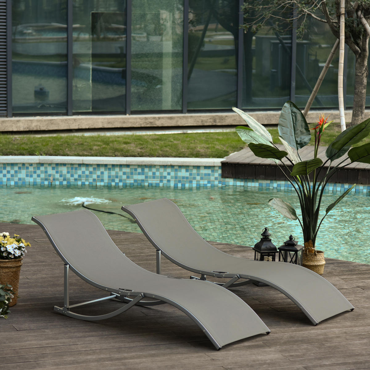 SONNENLIEGE Set mit 2 klappbaren 61 x 165 x 63 cm - Grau, Metall (165/63/61cm) - Vallsero