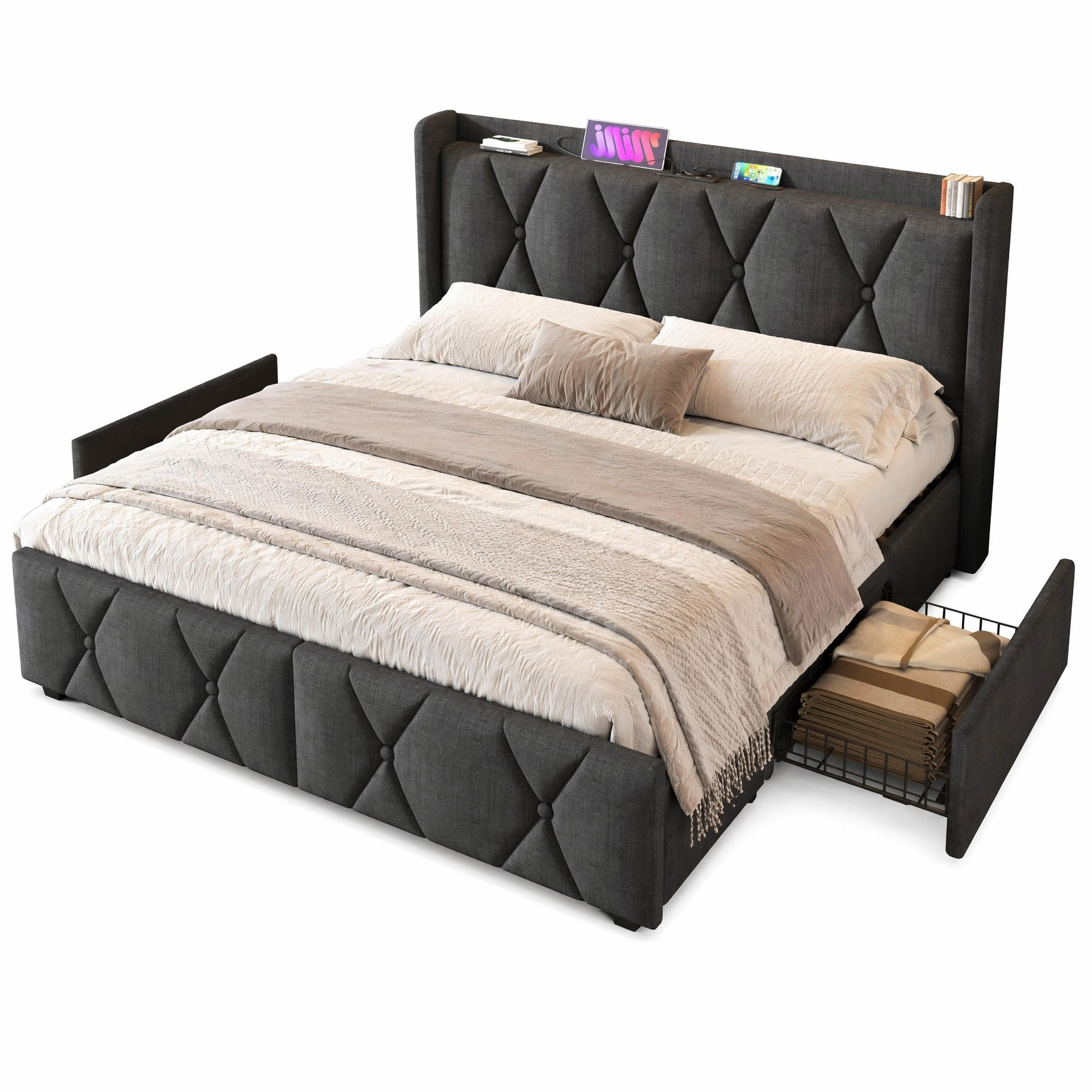ČALOUNĚNÁ POSTEL 140/200 cm v šedé barvě se 4 zásuvkami, USB a zásuvkami - šedá, kov/kompozitní dřevo (140/200cm) - CHICFURN