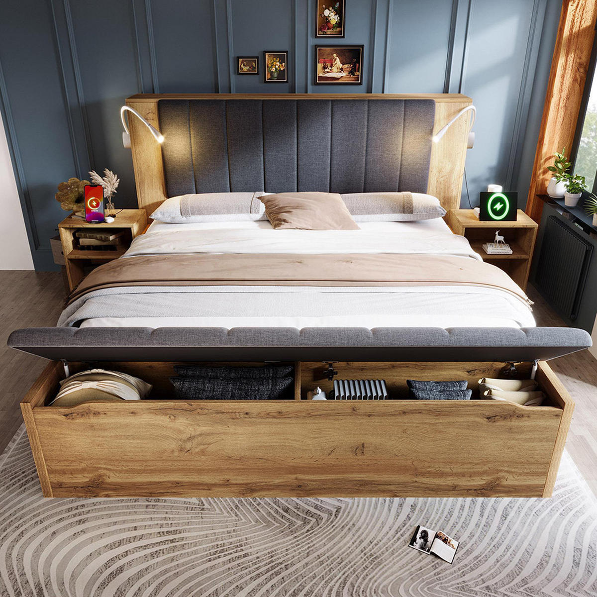 DOPPELBETT 160x200 cm in Eichenoptik mit zwei Nachttische, Mit Matratze - Eichefarben, Holz (160/200cm)