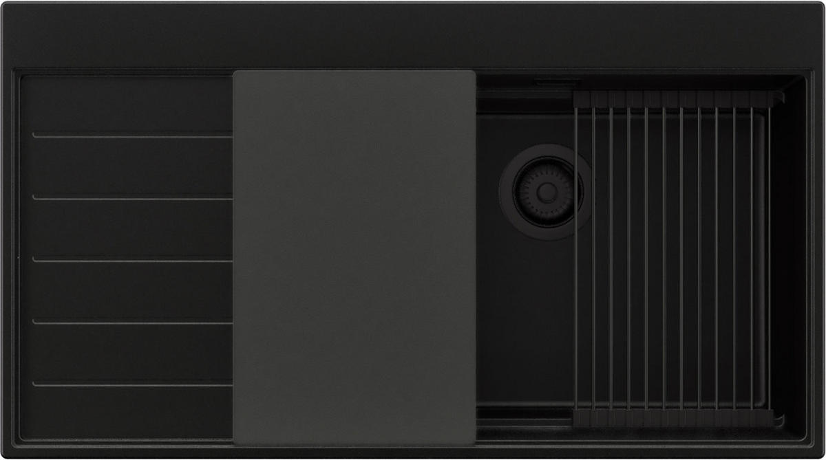 SPÜLBECKEN Sydney, 2-er set Alles Schwarz 90/50 cm 1 Becken + Ablauf-Set + Küchenzubehörset ab 60er Unterschrank - Schwarz, Kunststoff (90/20/50cm) - Primagran