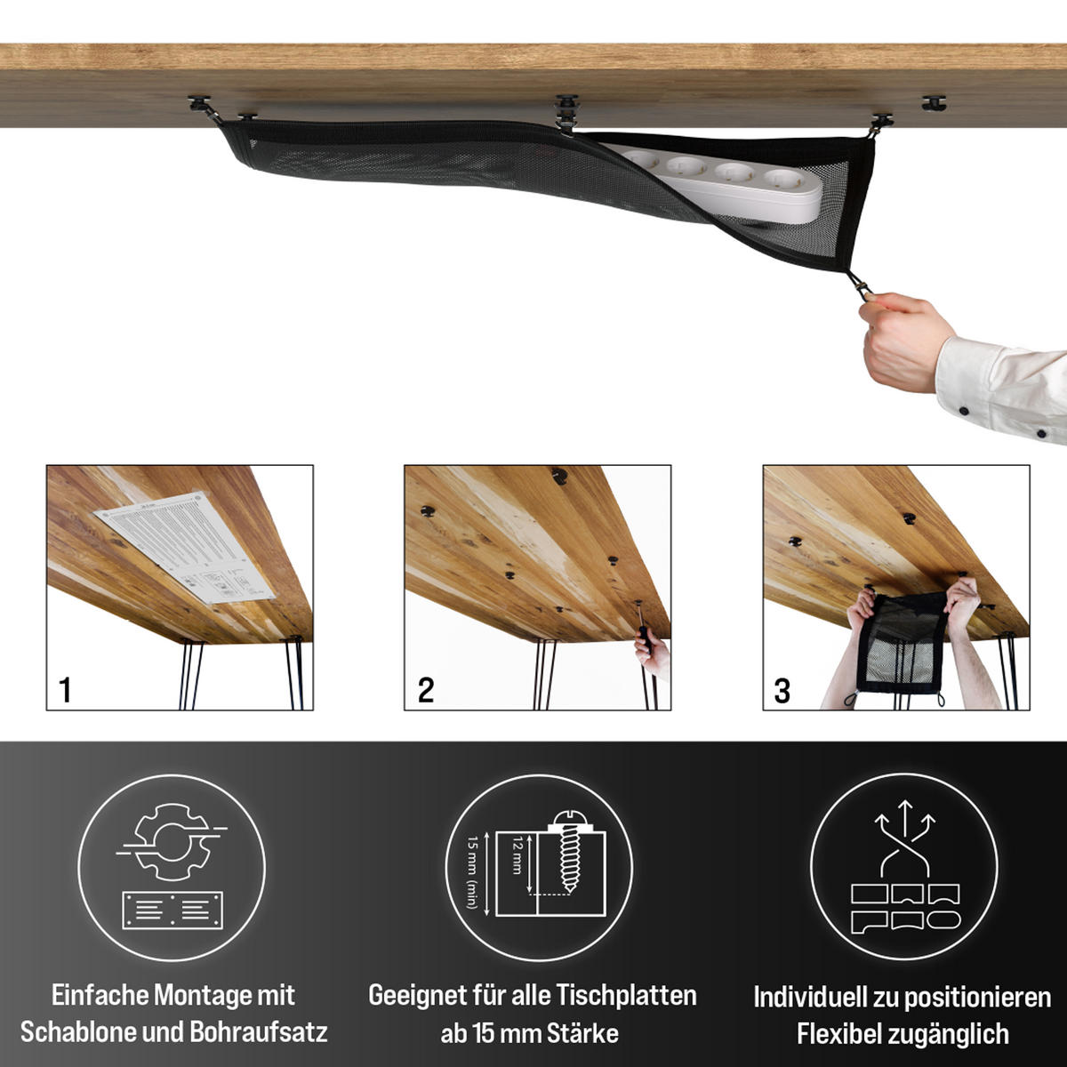 KABELNETZ Schreibtisch - Kabelmanagement - Schwarz - Schwarz, Kunststoff (24/63.5/0.25cm) - Ultimate Setup