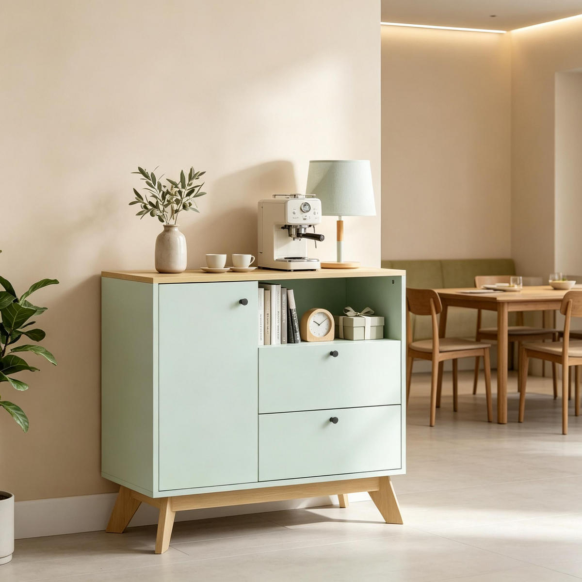 BUFFET DE-38816 80/35/76,3 cm mit 2 Schubladen und offenes Fach Hellgrün - Hellgrün, Holzwerkstoff (80/76.3/35cm) - ComfortXL