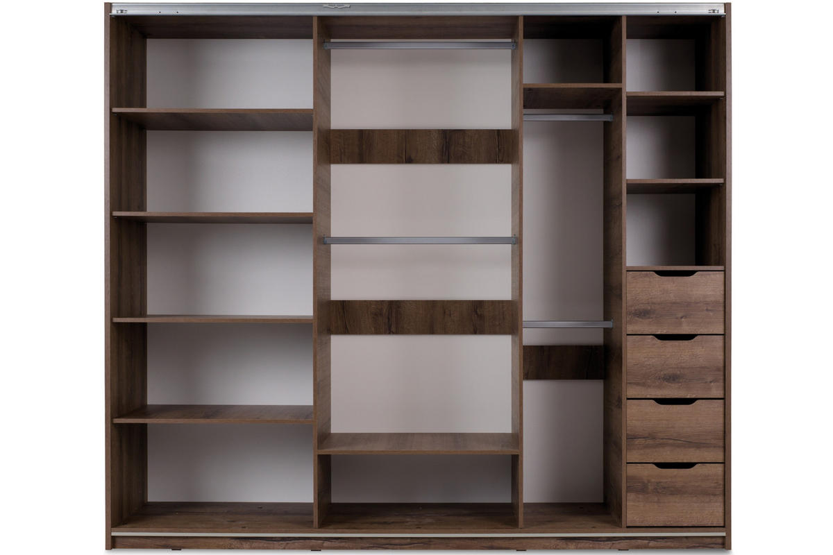SCHWEBETÜRENSCHRANK MERO mit Schubladen und Einlegeböden, Dunkelbraun - Dunkelbraun, Holzwerkstoff (250/215/69cm) - KONSIMO®