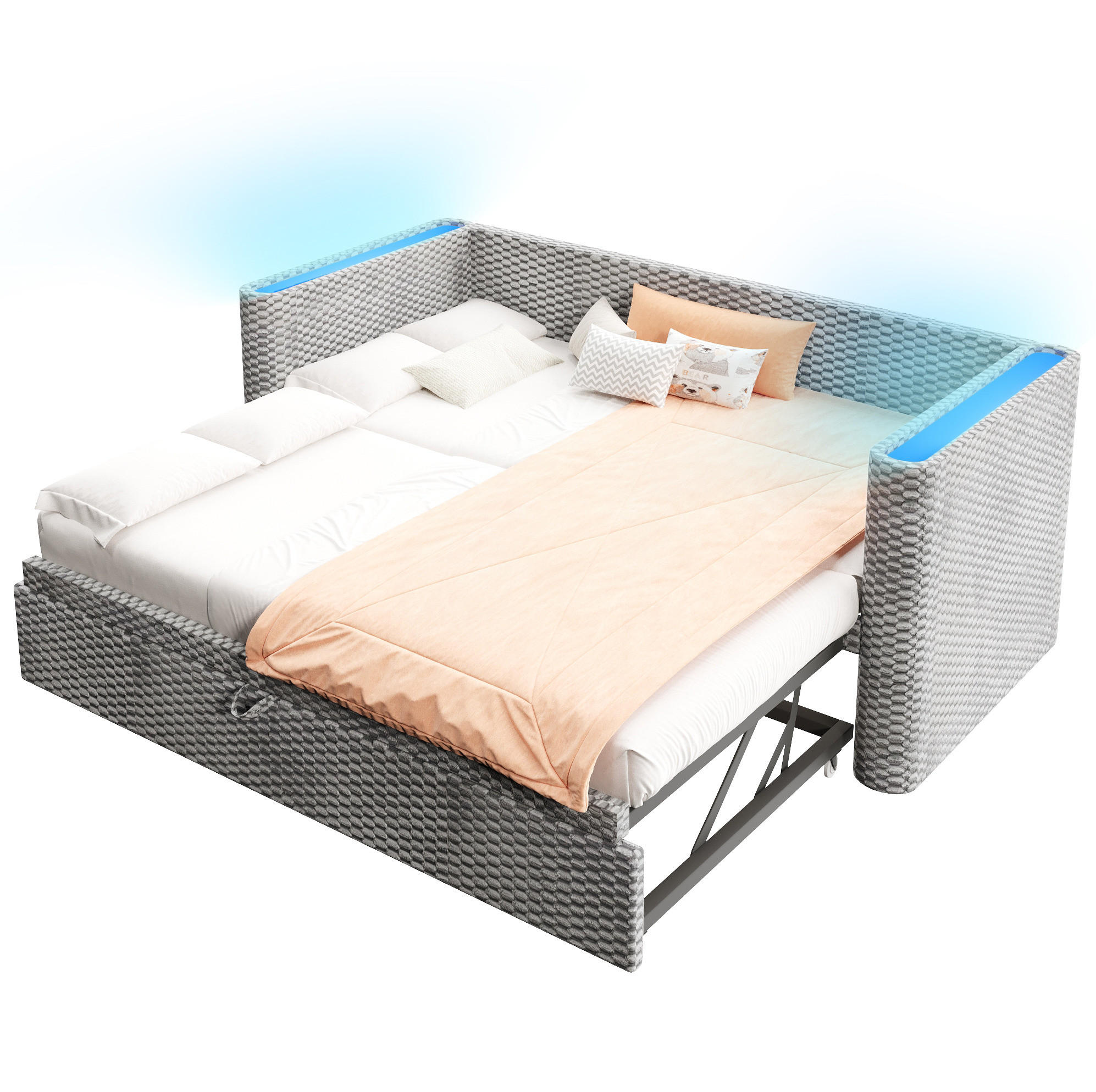 POLSTERBETT 90/200 cm ausziehbar auf 180/200 cm mit LED-Beleuchtung und Samtbezug, Grau - Grau, Textil (90/200cm) - Redom