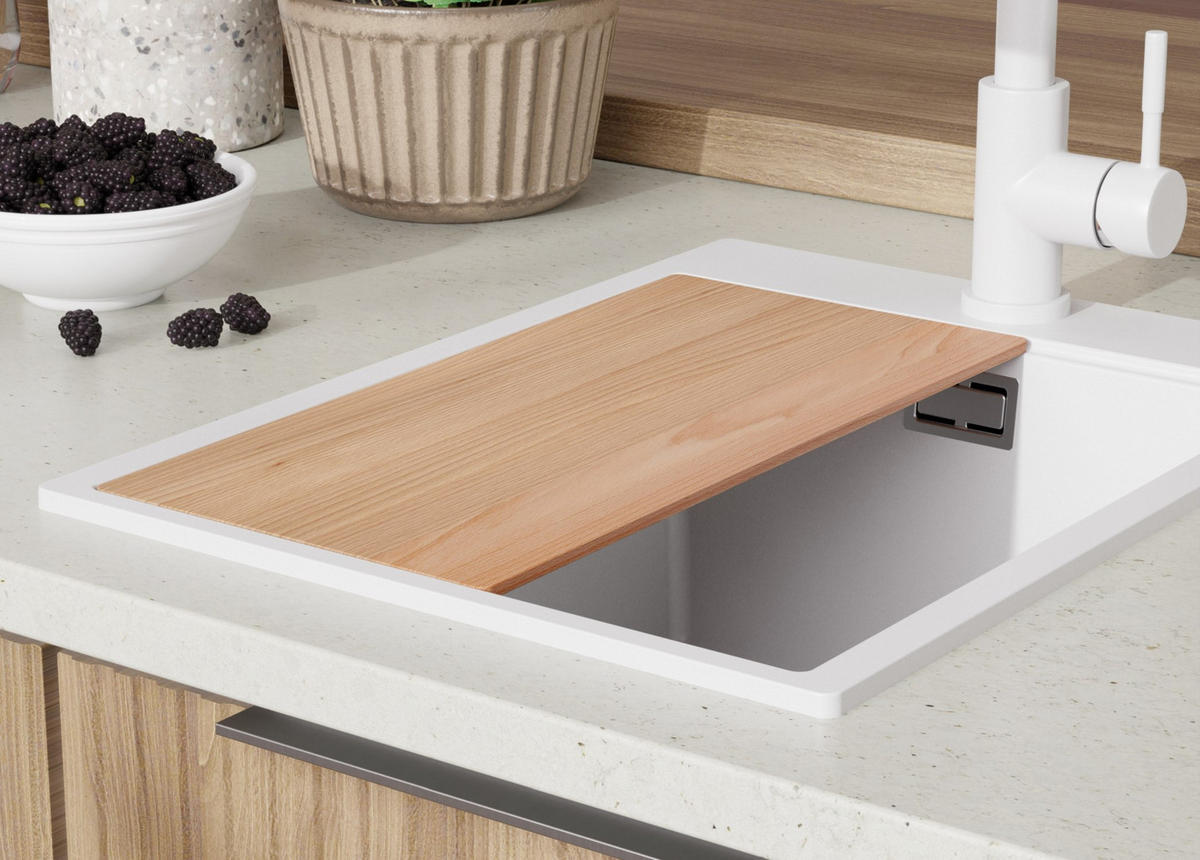 SPÜLBECKEN Oslo, 2-er set Alles Weiß 38/50 cm 1 Becken + Ablauf-Set + Schneidebrett ab 40er Unterschrank - Beige/Weiß, Kunststoff (38/20/50cm) - Primagran