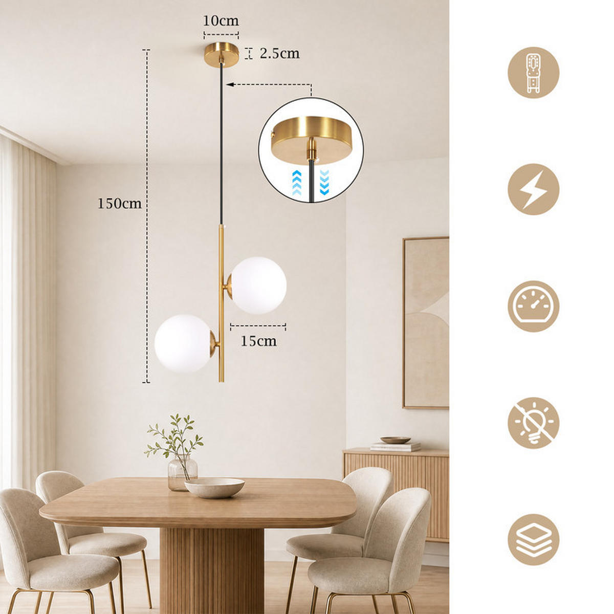 PENDELLEUCHTE Floyd II 34.5x34.5x150cm - Goldfarben, Metall (34.5/34.5/150cm) - Nettlife