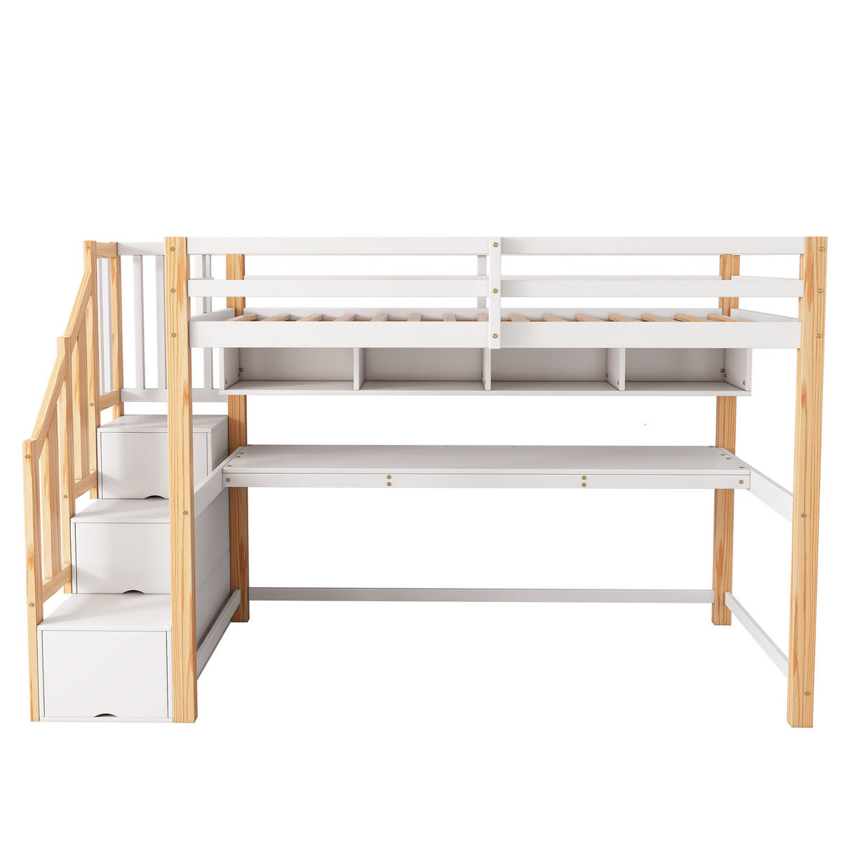 HOCHBETT 90x200cm mit großen Schreibtisch in natürlich und wei - Naturfarben, Holz (90/200cm) - KOMHTOM