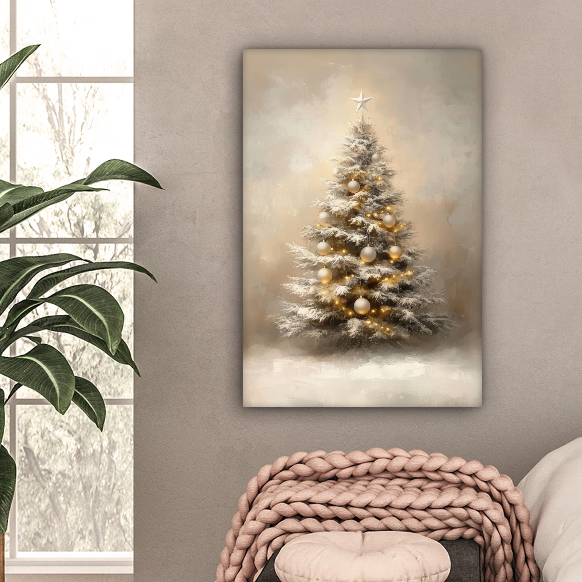 LEINWANDBILD Weihnachten - Weihnachtsbaum - Schnee - Kunst 40x60 cm - Champagner, Textil (40/60cm) - MuchoWow
