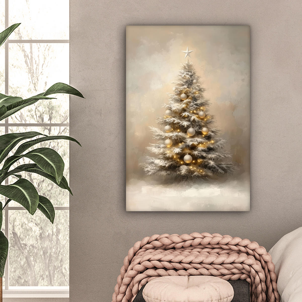 LEINWANDBILD Weihnachten - Weihnachtsbaum - Schnee - Kunst 40x60 cm - Champagner, Textil (40/60cm) - MuchoWow