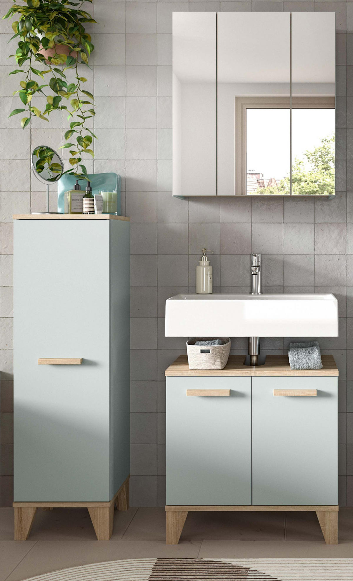 BADMÖBEL-SET 3-teilig grün, Eiche, Badkombination skandinavisch 109 x 190 cm - Eichefarben/Grün, Glas/Holzwerkstoff (109/190/34cm) - Inn.Furn