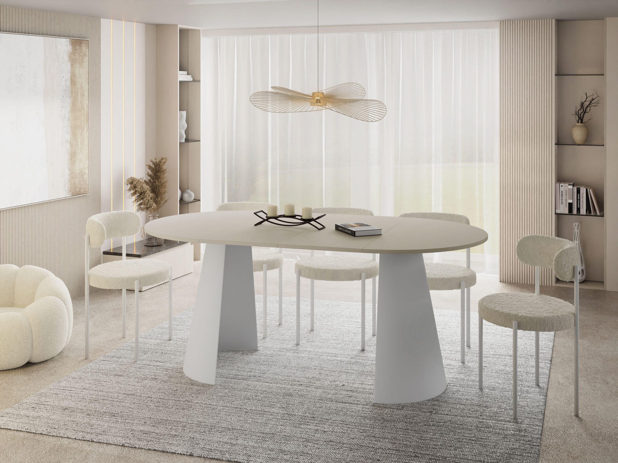 ESSTISCH Lamio runder ausziehbarer, Beige Cashmere 100-180/100/76 cm - Kaschmir/Weiß, Holzwerkstoff/Metall (100/100/76cm) - WFL GROUP