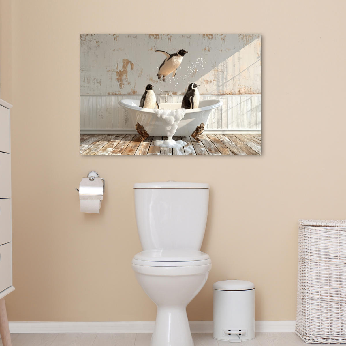 LEINWANDBILD Vintage - Pinguin - Badewanne - Schaumstoff Wanddeko 90x60 cm - Schwarz, Textil (90/60cm) - MuchoWow