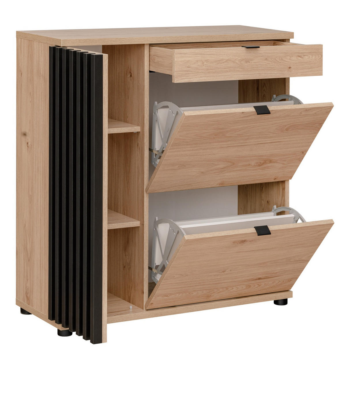 GARDEROBE Set 3-teilig Eiche Jackson, schwarz 170 cm, Garderobenkombination mit 3D-Lamellen - Eichefarben/Schwarz, Holzwerkstoff/Kunststoff (160/202/35cm) - Furn.Design