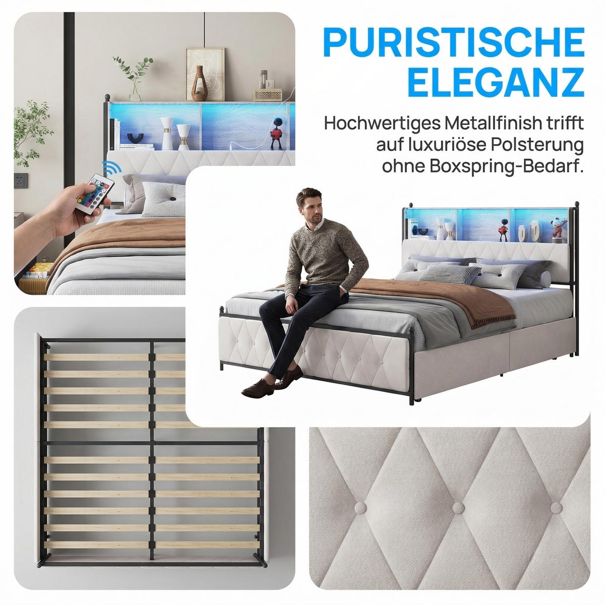DOPPELBETT 160/200 cm Samt mit LED Schubladen und Ladestation - Beige, Holz (160/200cm) - PARAFTA HOME