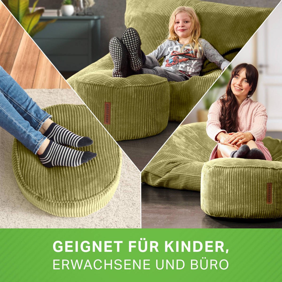 SITZSACK-HOCKER Pouf "Cord" 45x25cm - Grün, Textil (45/25/45cm) - Green Bean