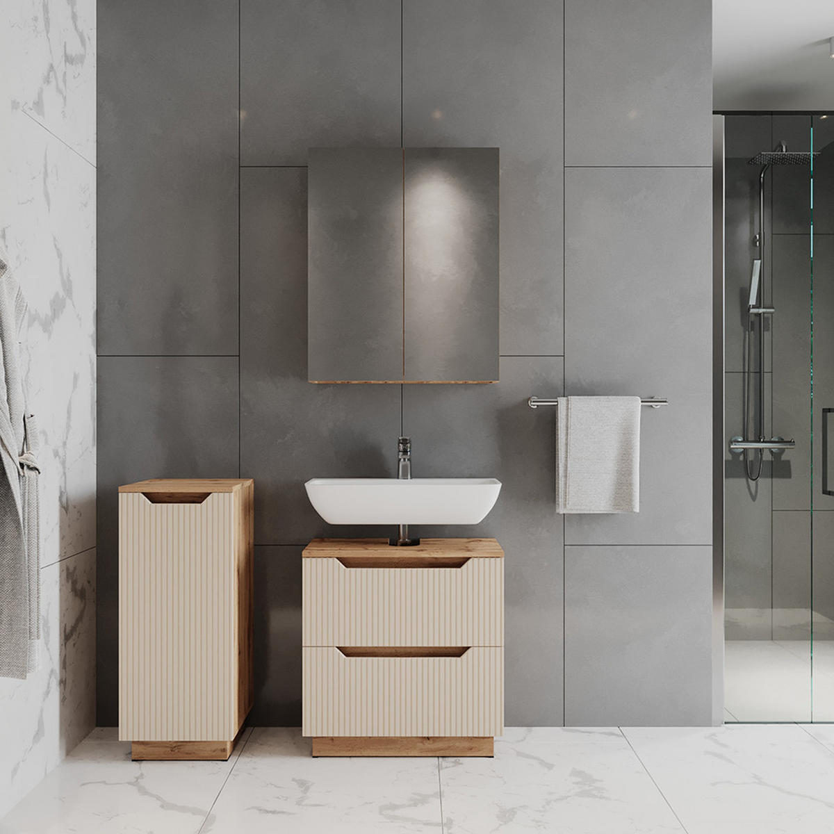 BADMÖBEL-SET Lotta Eiche/Kaschmir gestreift 3 Teile - Kaschmir, Holzwerkstoff (58.9/62.5/32cm) - Vicco