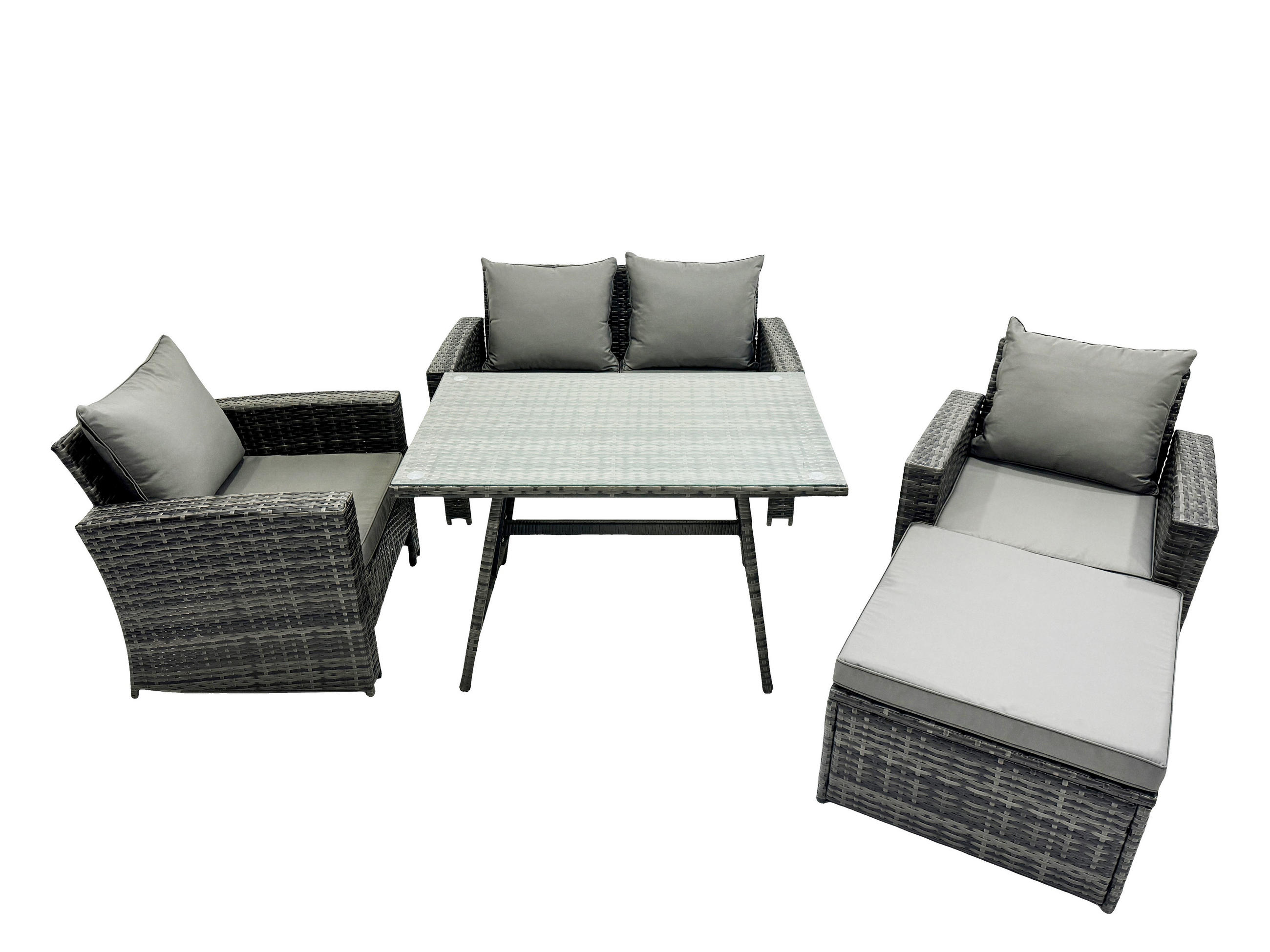 GARTENTISCHGRUPPE Polyrattan 5-Sitzer - Dunkelgrau/Grau, Glas/Kunststoff - Fimous