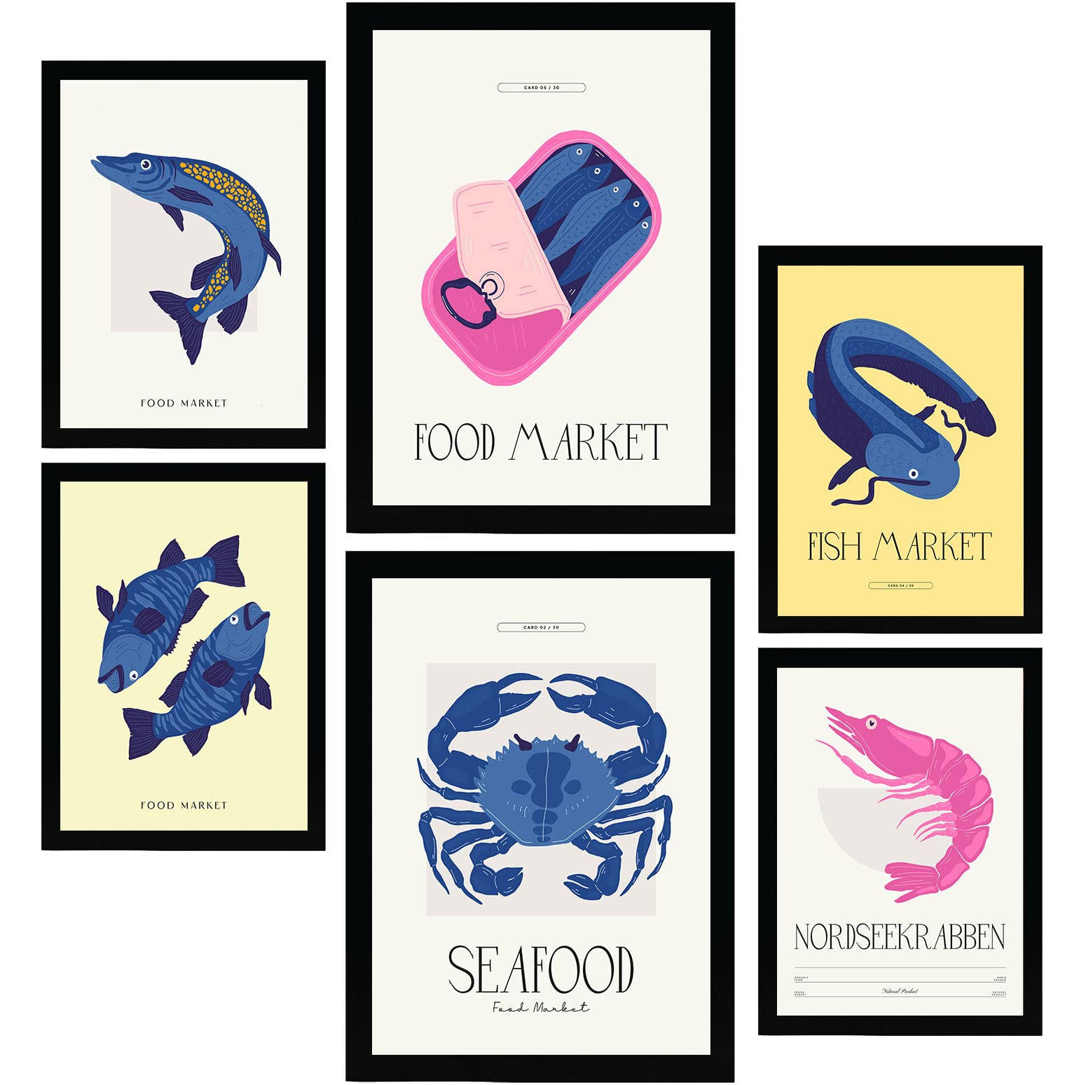 POSTER Set Mit 6 Lebensmittel Und Ernährungs Markt Am Meer Natur Und Botanikdrucke Für Innenarchitektur A3 & A4 Schwarzer Rahmen - Schwarz, Papier (29/3cm) - Nacnic