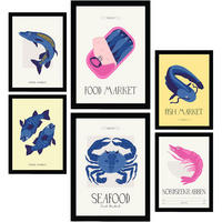 POSTER Set Mit 6 Lebensmittel Und Ernährungs Markt Am Meer Natur Und Botanikdrucke Für Innenarchitektur A3 & A4 Schwarzer Rahmen - Schwarz, Papier (29/3cm) - Nacnic