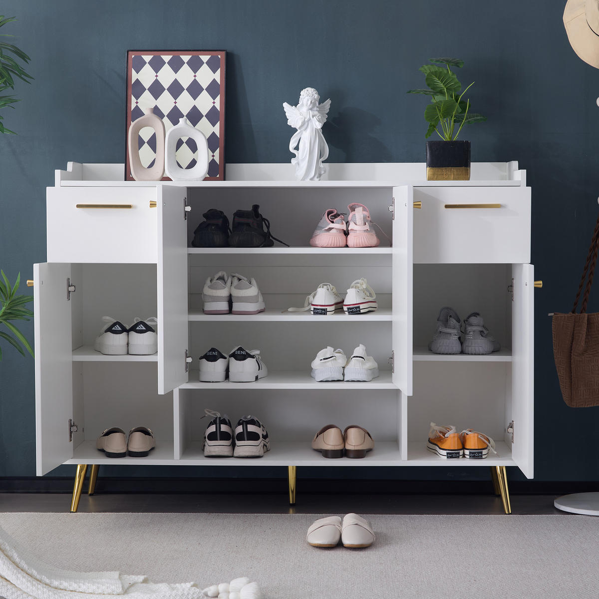 SCHUHSCHRANK aus Spanplatte 130x37x100cm Weiß mit 2 Schubladen - Weiß, Holzwerkstoff (130/100/37cm) - Modfu