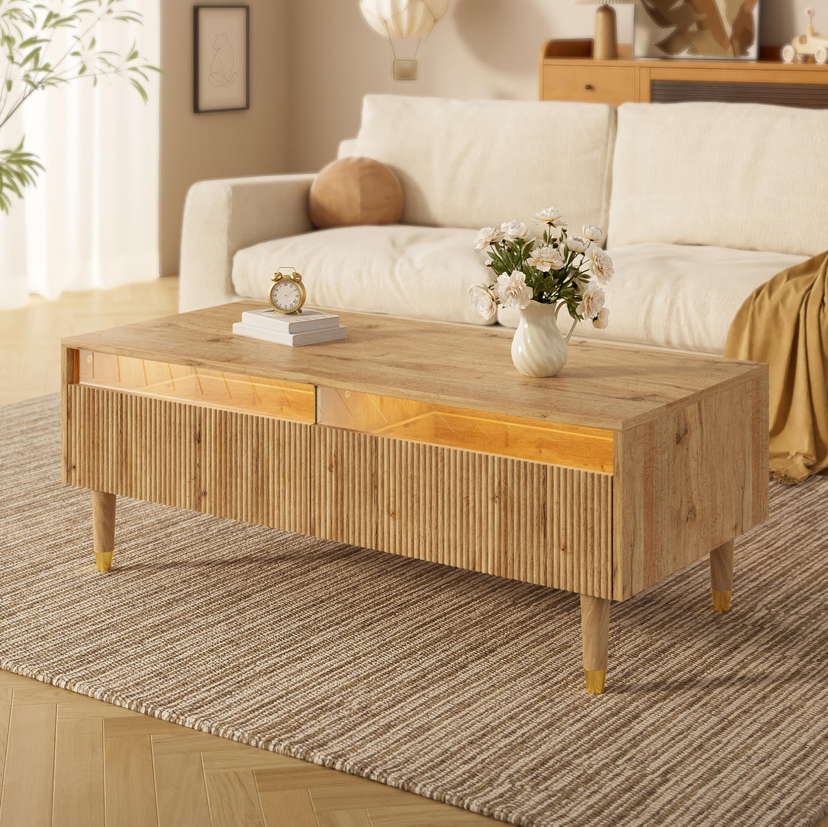 COUCHTISCH aus MDF 110x50x40 cm in Naturfarben mit LED-Beleuchtung - Naturfarben, Holzwerkstoff (110/50/40cm) - Modfu