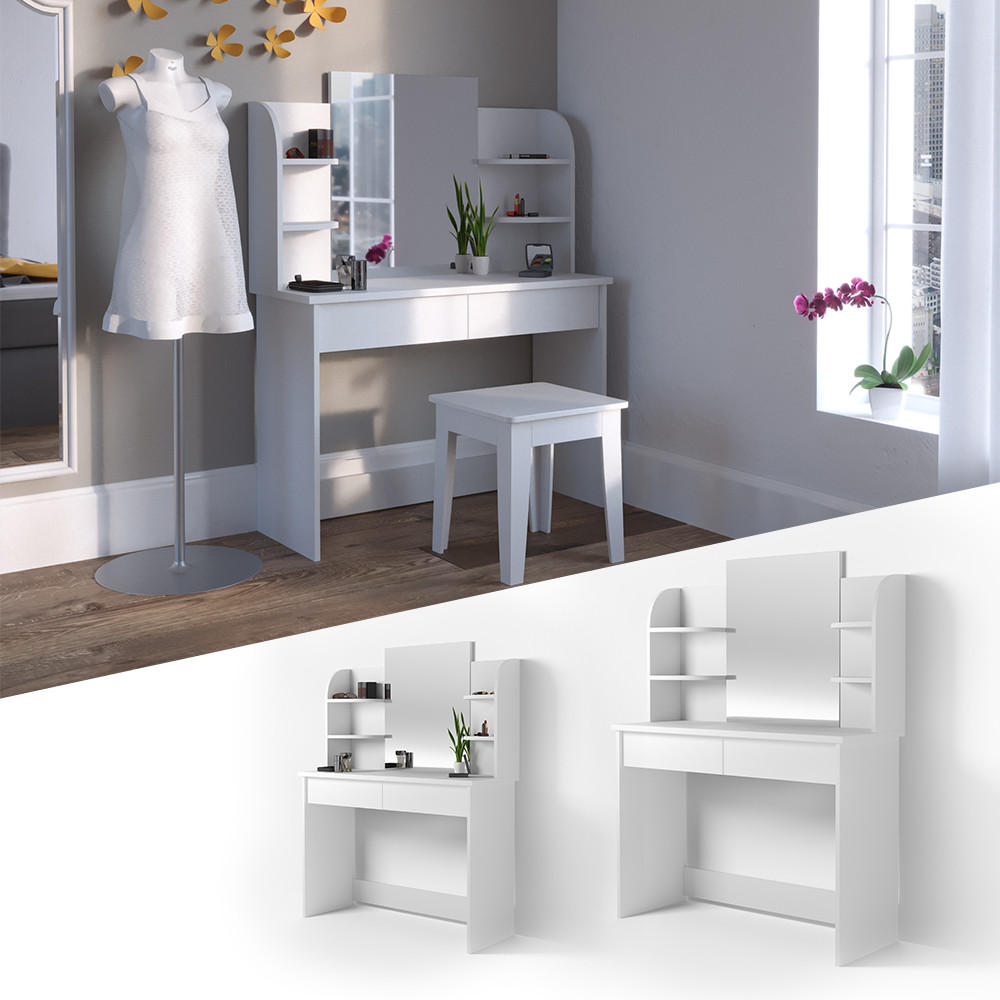SCHMINKTISCH Charlotte Weiß 108 cm mit Spiegel - Weiß, Holzwerkstoff (108/139/40cm) - Vicco