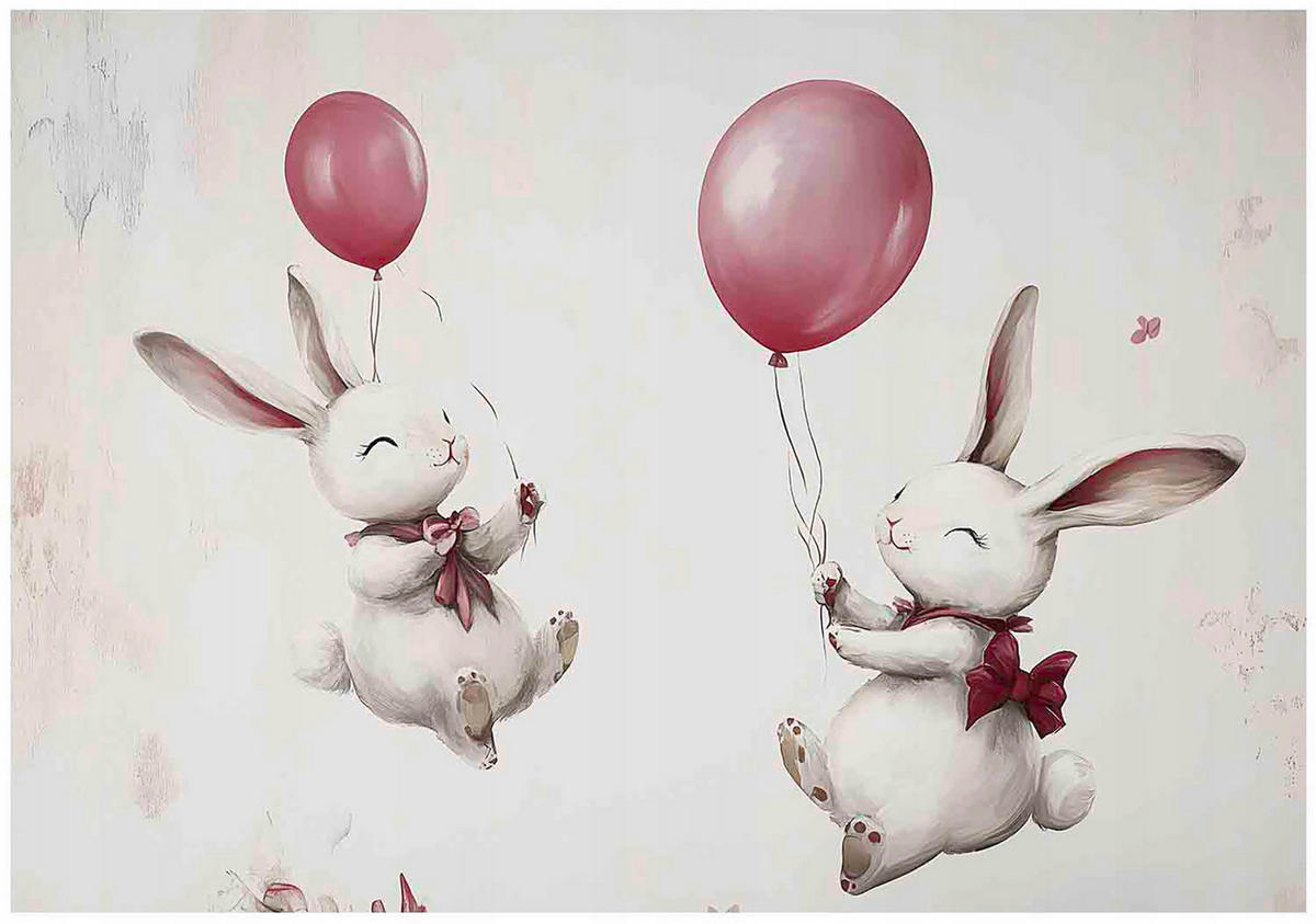FOTOTAPETE Kinderzimmer Kaninchen Luftballons 350x250 - Multicolor, Papier (350/250cm) - Wallarena
