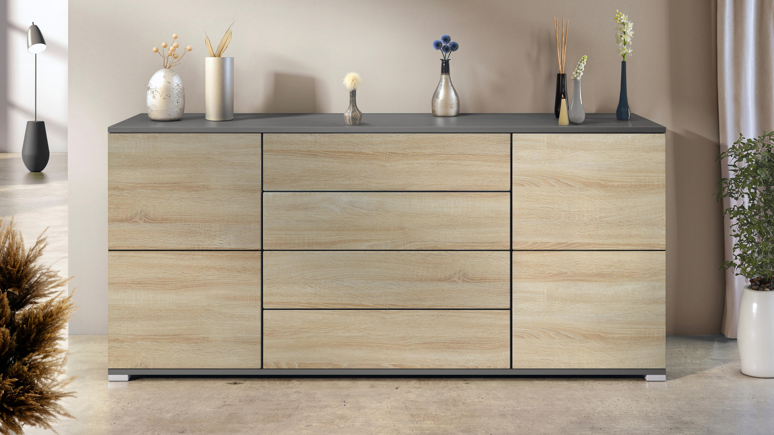 SIDEBOARD Rova Eiche sägerau - Eiche San Remo, Holzwerkstoff (166.5/75.5/35cm) - Vladon