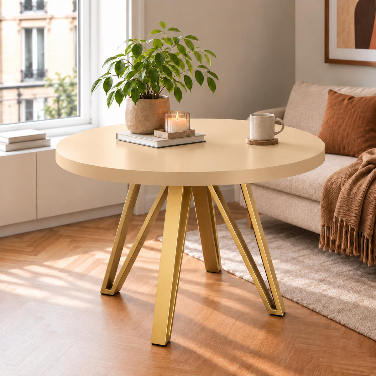 ESSTISCH rund ausziehbar 110/210/76 cm, Kaschmir, 54 cm Tischplatte + Industrial Metallgestell Gold - Kaschmir/Goldfarben, Holzwerkstoff/Metall (110/210/76cm) - Damale Möbel