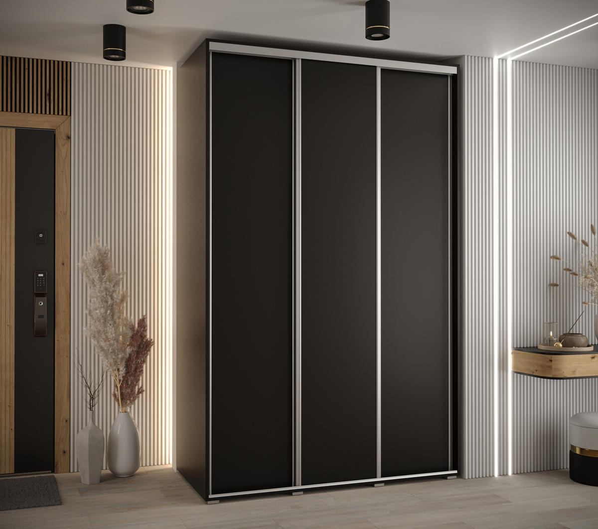 SCHWEBETÜRENSCHRANK 235,2/150/45 3-türig - Silberfarben/Schwarz, Holz/Metall (150/235/45cm) - Abiks Möbel