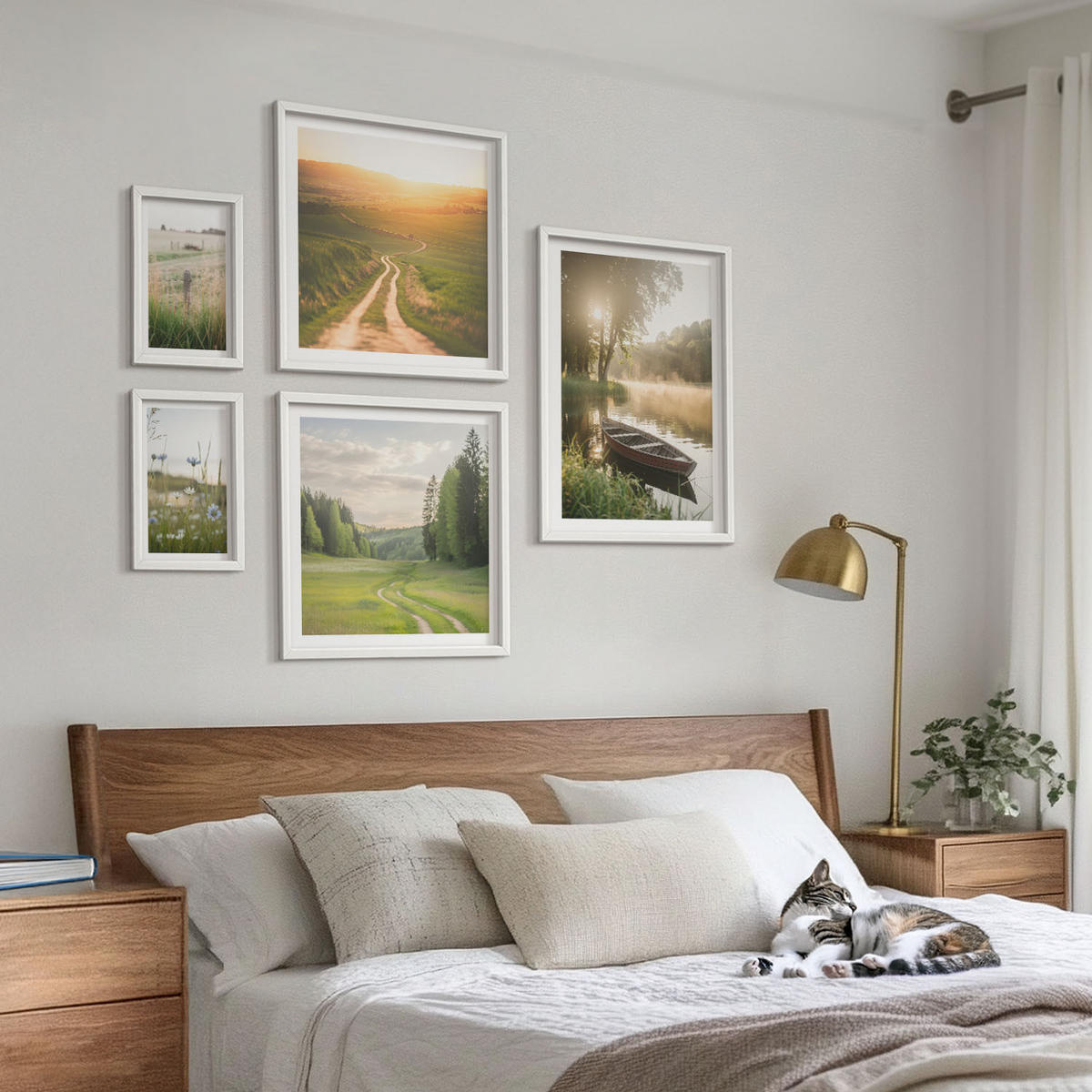 WANDBILDER 5er-Set - 50x50 cm & 20x30 cm & 40x60 cm Weißer Rahmen - Landschaftswiesenstraße West - Weiß, Kunststoff (40/60cm) - ArtPrintCave