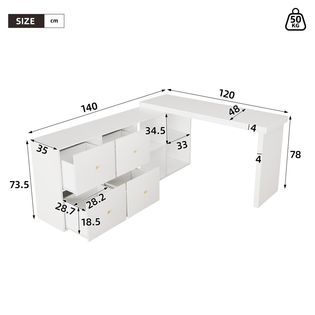 ECKSCHREIBTISCH 360° drehbar L-Form 4 Schubladen 4 Fächer Weiß links - Weiß, Holzwerkstoff (120/48/78cm) - FLIEKS