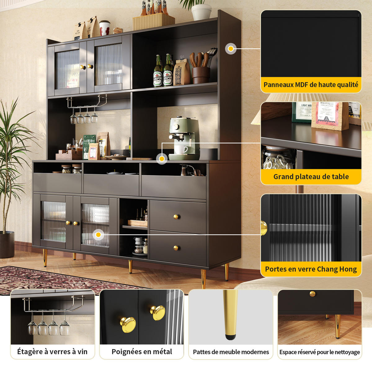 HOCHSCHRANK 145x39x171cm Glas Weinregal Schwarz Gold - Schwarz, Holzwerkstoff (145/171/39cm) - FLIEKS