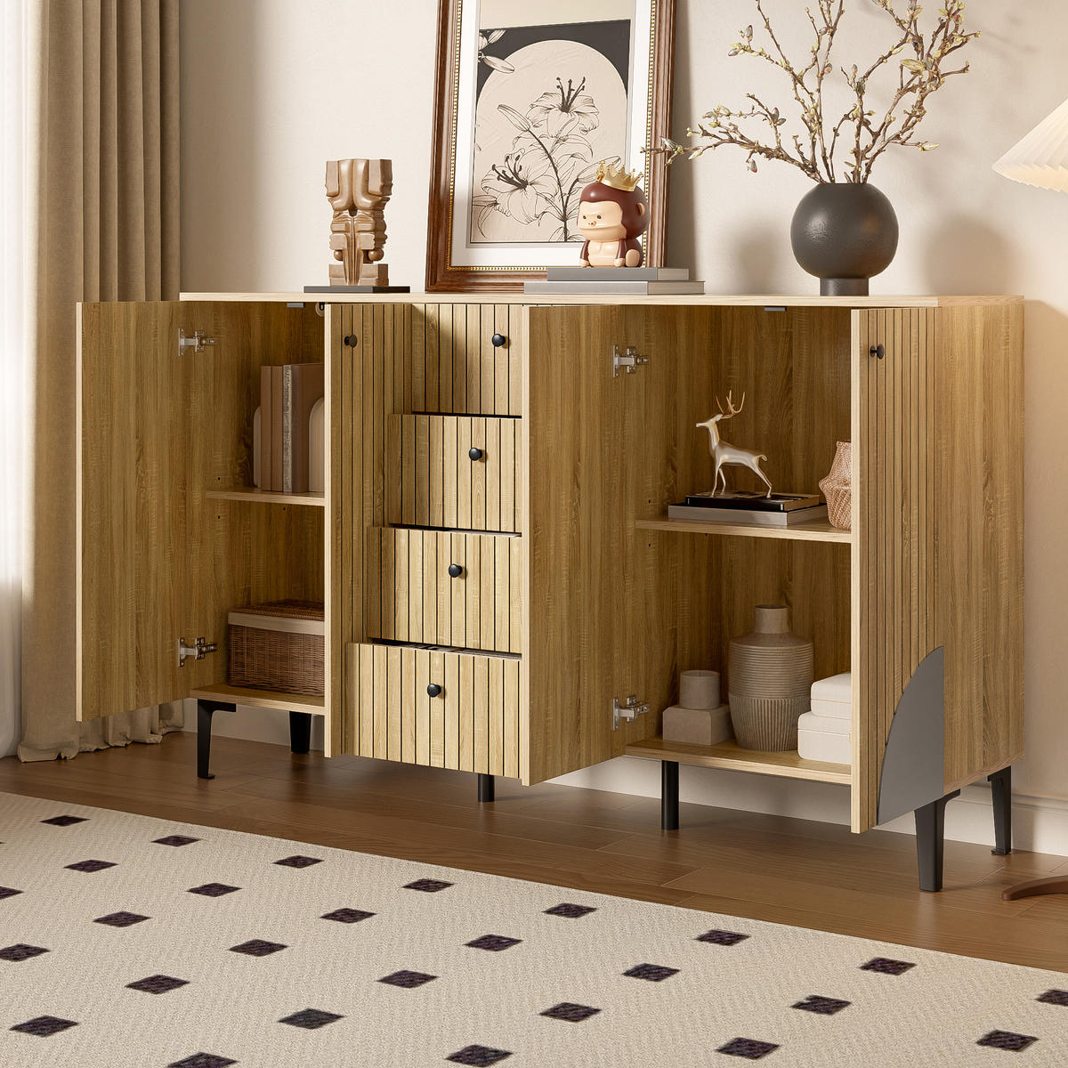 AUFBEWAHRUNGSSCHRANK 160x36x94 Holz 4 Türen 4 Schubladen - Naturfarben, Holzwerkstoff (36/94/160cm) - FLIEKS