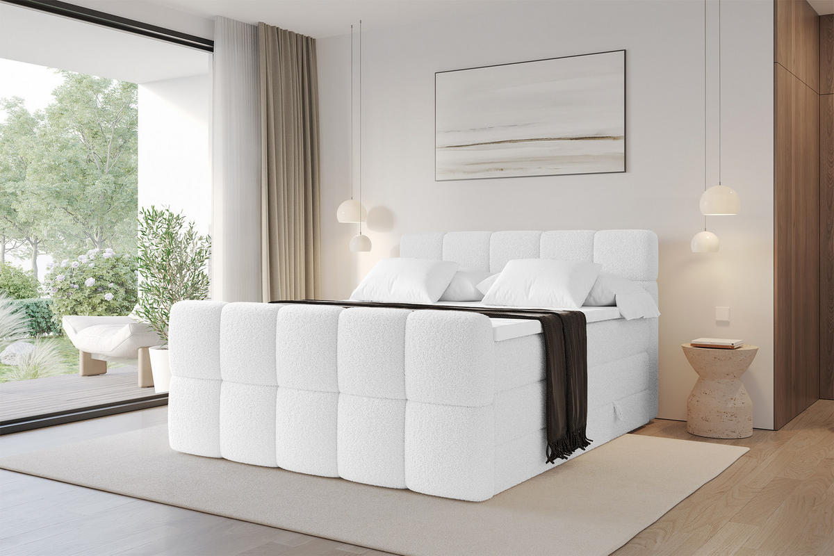 BOXBETT mit Matratze H3/H4 - FAMA-Z KING - 160x200 cm Weiß Quelle - Weiß, Holzwerkstoff (160/200cm) - ALTDECOR
