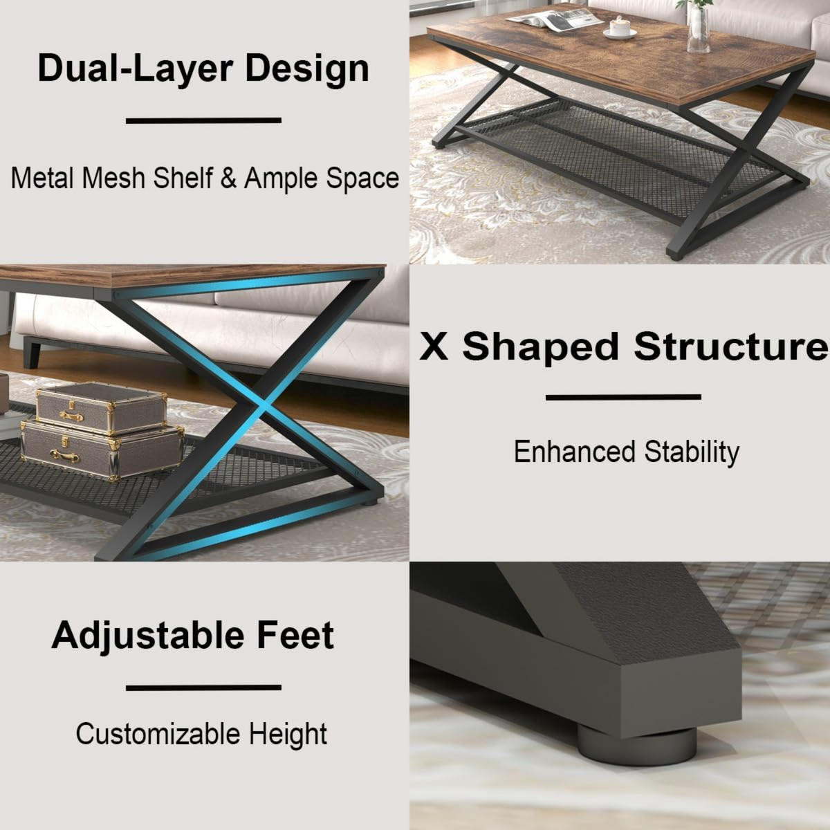 COUCHTISCH Holz Metall Industrial mit Ablage 120 x 60 x 45 cm - Wildeiche, Holzwerkstoff/Metall (60/120/45cm) - Quality Elegance