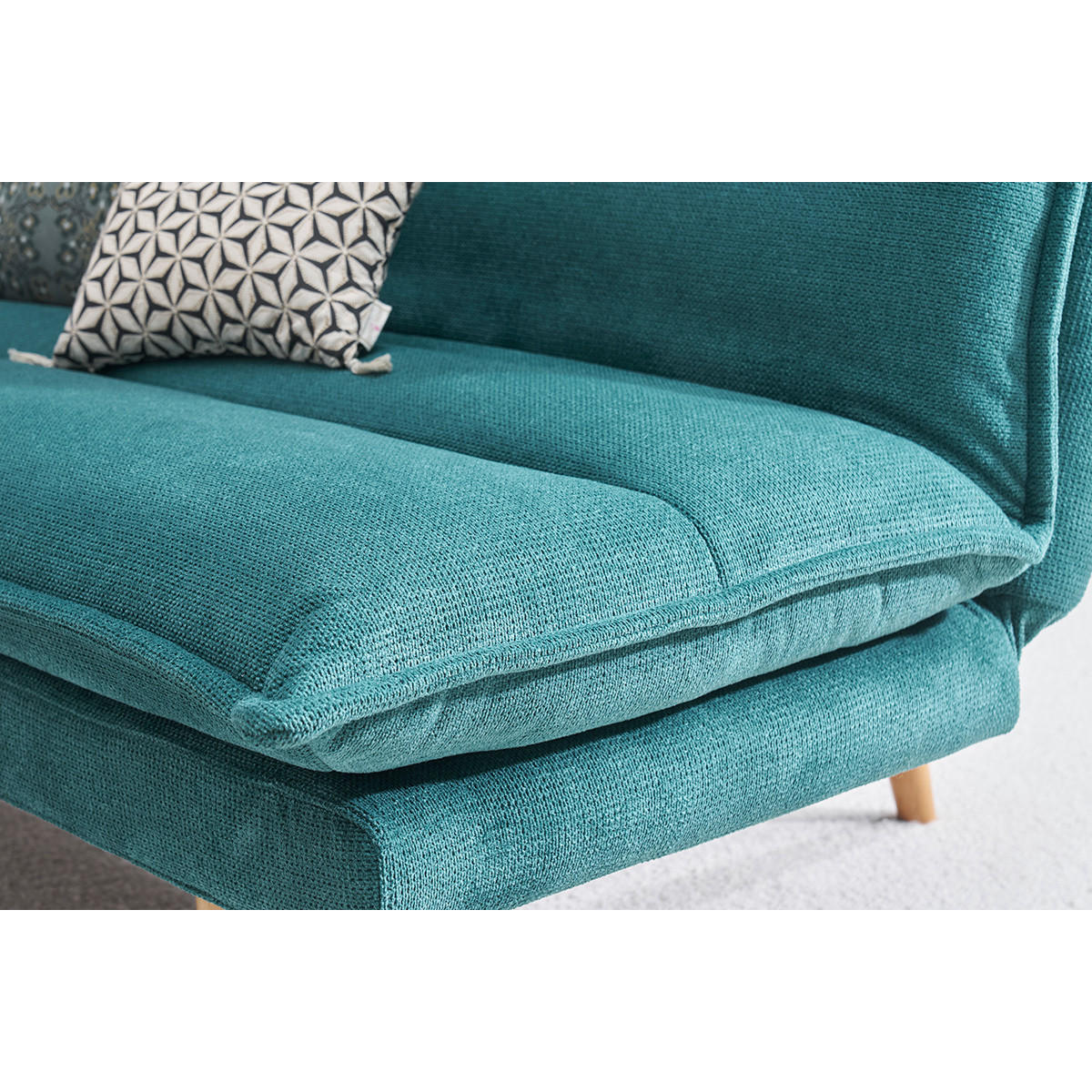 SCHLAFSOFA für 3 Personen in texturiertem Céladon Samt-Effekt Stoff und hellem Holz BINGO - Blau, Textil (91.5/85.5/188cm) - Miliboo