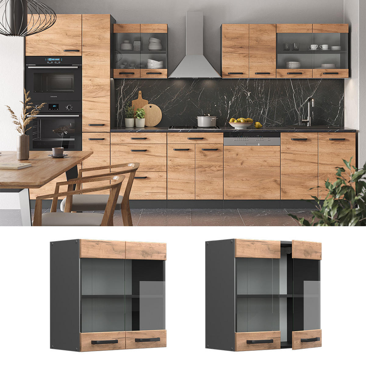 KÜCHENGLASSCHRANK R-Line Goldkraft Eiche 60 cm - Honigeiche/Anthrazit, Holzwerkstoff (60/60/31cm) - Vicco
