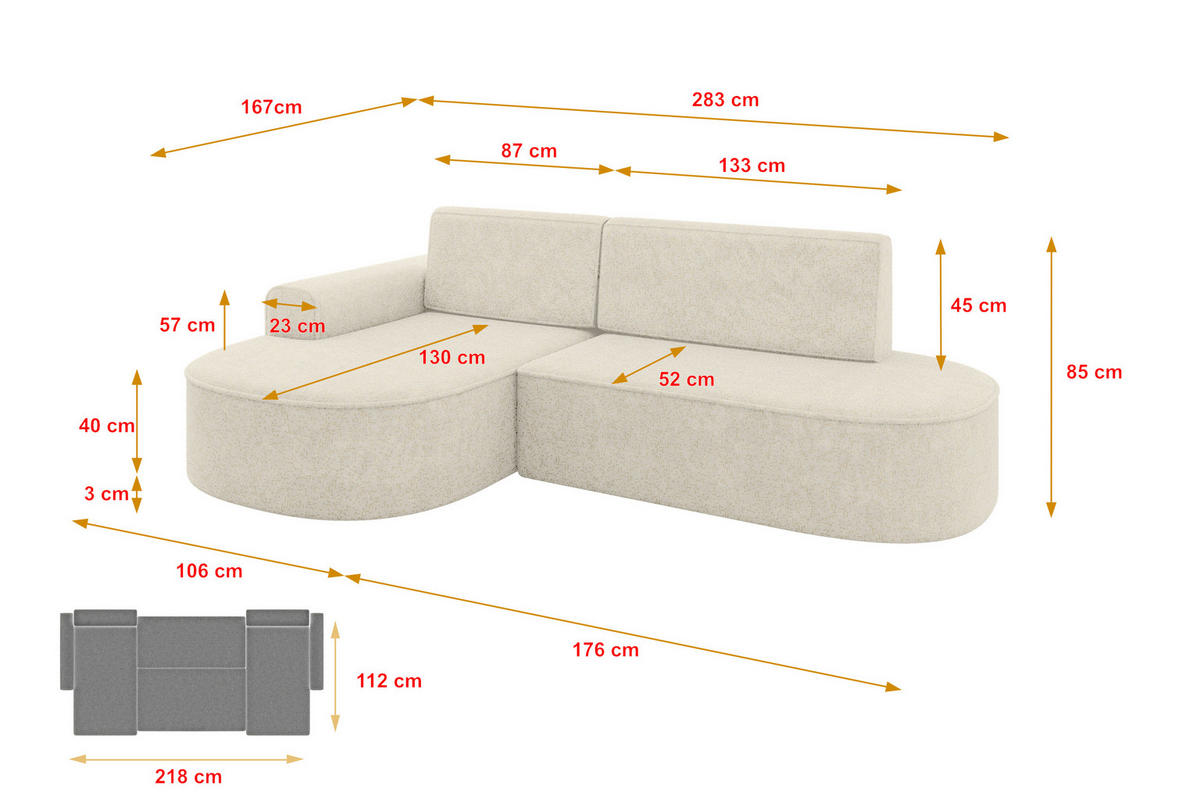 ECKSOFA mit Schlaffunktion und Bettkasten Ottomane Rechts MARI-L1-S - 283x167x85 cm Rosa Cord - Schwarz/Rosa, Holzwerkstoff/Kunststoff (167/283cm) - ALTDECOR