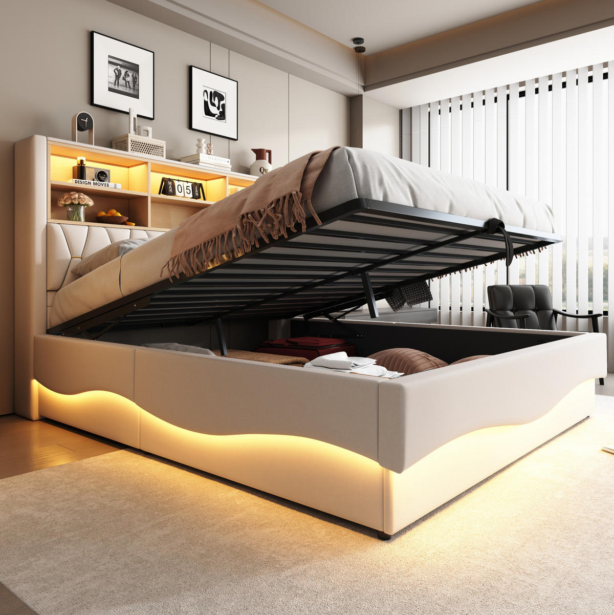 POLSTERBETT 180/200 cm mit LED-Beleuchtung, USB-Anschluss und hydraulischem Bettkasten, Leinen, Beige - Beige, Metall (180/200cm) - Redom